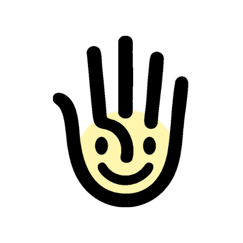 Smiling hand icon logo on a light background.